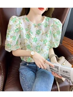 summer fashion design flower print women blouses office lady puff sleeve lightweight pullover green orange shirts