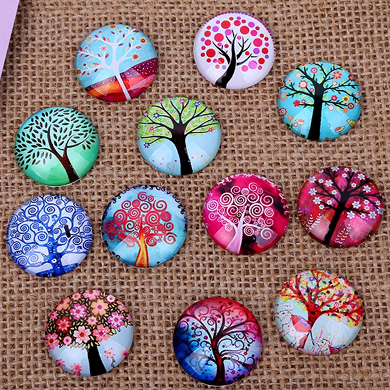 

24pcs 12 14 16mm Tree of life pattern Round Handmade Photo Glass Cabochons Glass Dome Cover DIY Handmade Cabochon bead Settings