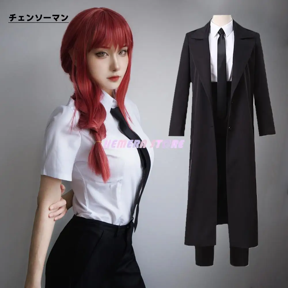 

Anime Chainsaw Man Makima Cosplay Costume Black Trench Shirt Tie Pants Makima Wig Long Light Red Braid Men Women Suit Uniforms