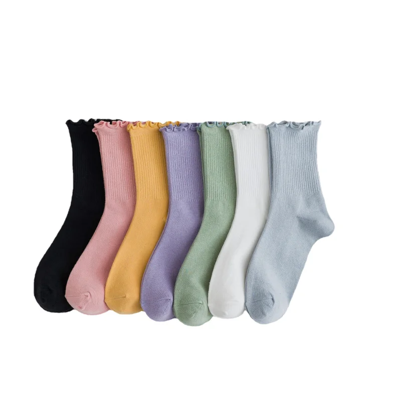 3 Pairs/lot Women Ruffle Lace Cute Socks Cotton Loose Autumn Winter Knitting Solid Color Long Stockings Breathable Mid Tube Sock