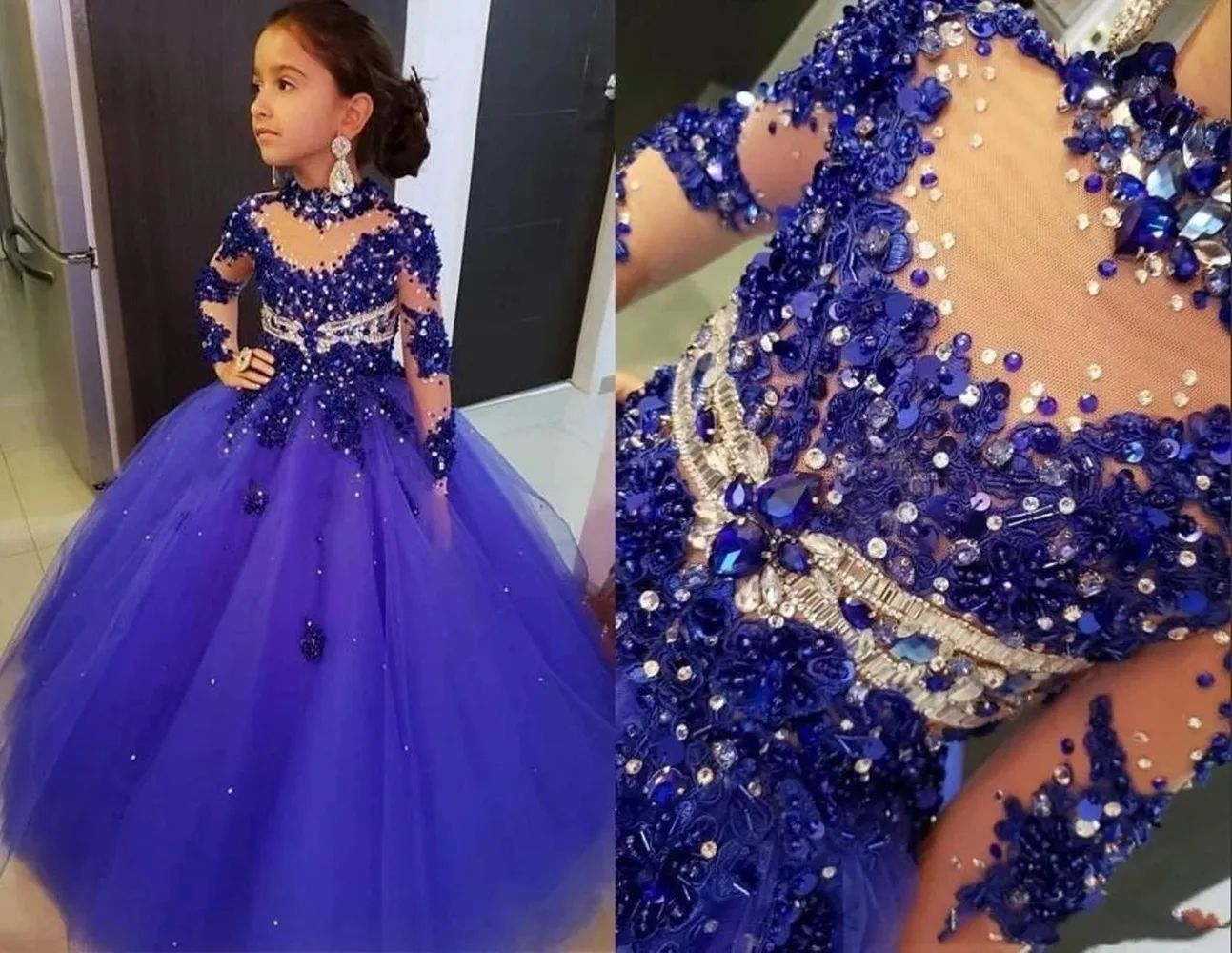 

Customized Flower Girl Dress Long Sleeves Crystals Beading O Neck Puffy Tulle Kids Princess Birthday Dress Pageant Gowns