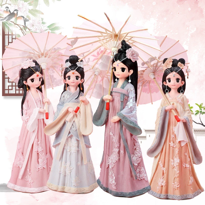 

Classical Girl Ornament Chinese Style Fans Collection Hanfu Girls Table Decoration Home Desk Decor Resin Handicrafts Girls Gifts