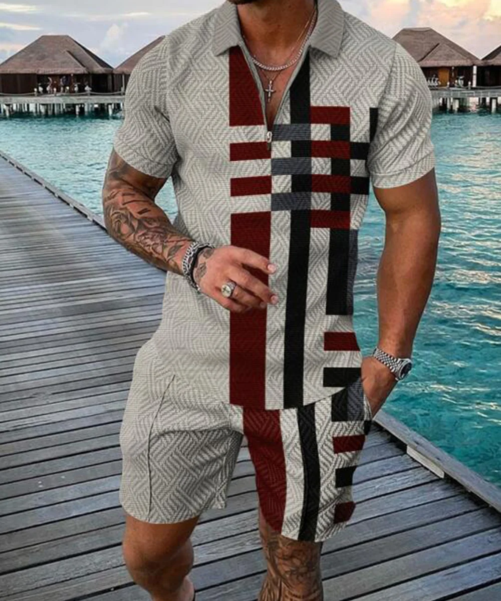 Summer Men Tracksuit Two Piece Set Retro Zipper Polo Shirt Suit Fashion Beach Outfit Short Sleeve Casual Streetwear Man Clothing