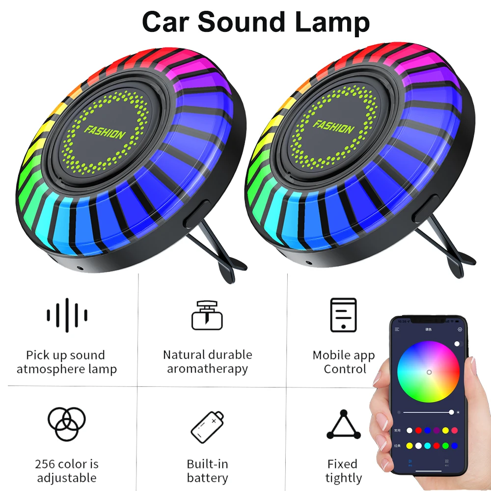 

Автомобильная музыкальная лампа с управлением через приложение, RGB светодиодная полоса, Звуковое управление, голосовой ритм, светильник, автомобильный освежитель воздуха, 256 цветов на выбор