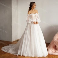 new design off shoulder dot tulle wedding dresses for bridal sexy open back puffy long sleeves sweetheart princess bride gown