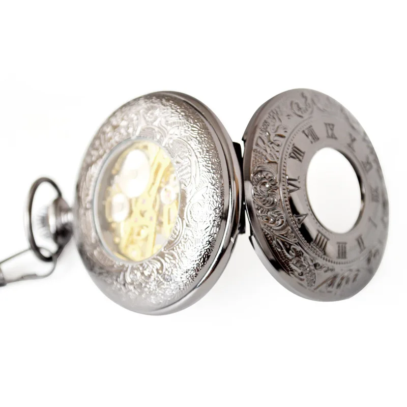 Luxury Steampunk Mechanical Pocket Watch for Men Women Hollow Skeleton Case Vintage Roman Numerals Dial Fob Chain Pendant Clock