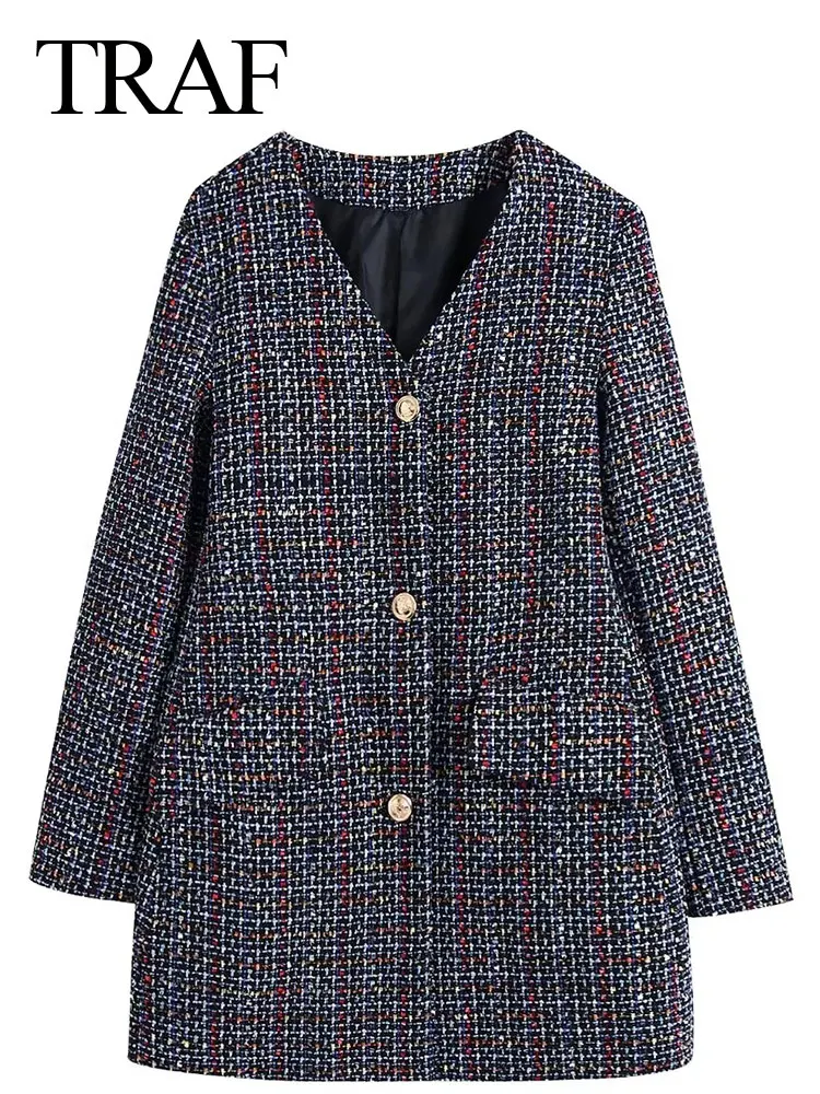 

Осенняя женская одежда TRAF, однобортное текстурированное пальто с V-образным вырезом, винтажная куртка с длинным рукавом, повседневная женск...