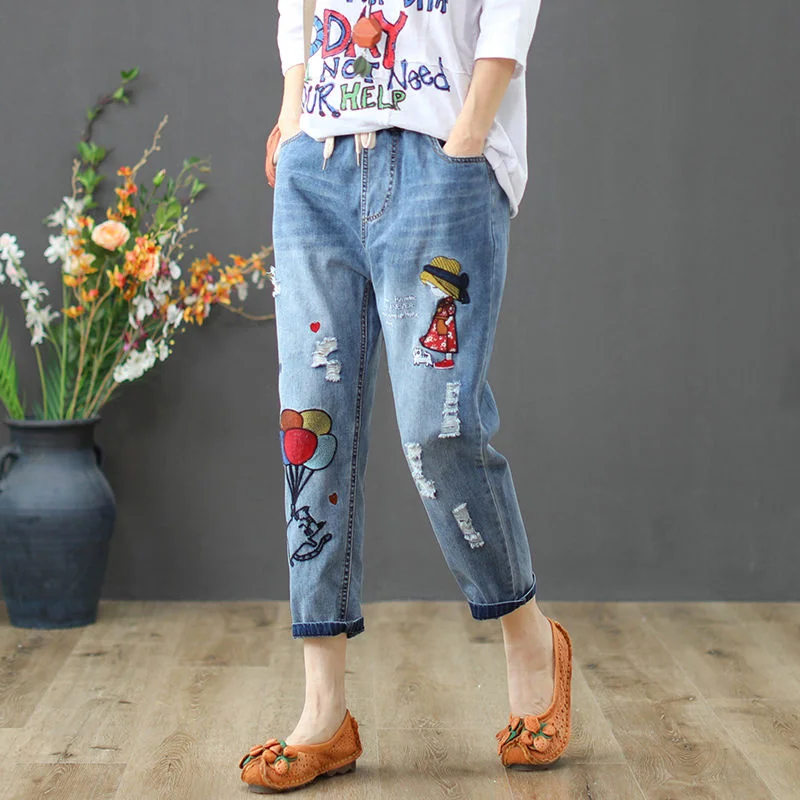 

Capri Jeans For Women Short Harem Pants High Waist Jeans Woman Vintage Floral Embroidery Loose Summer Denim Pant Vaqueros Mujer