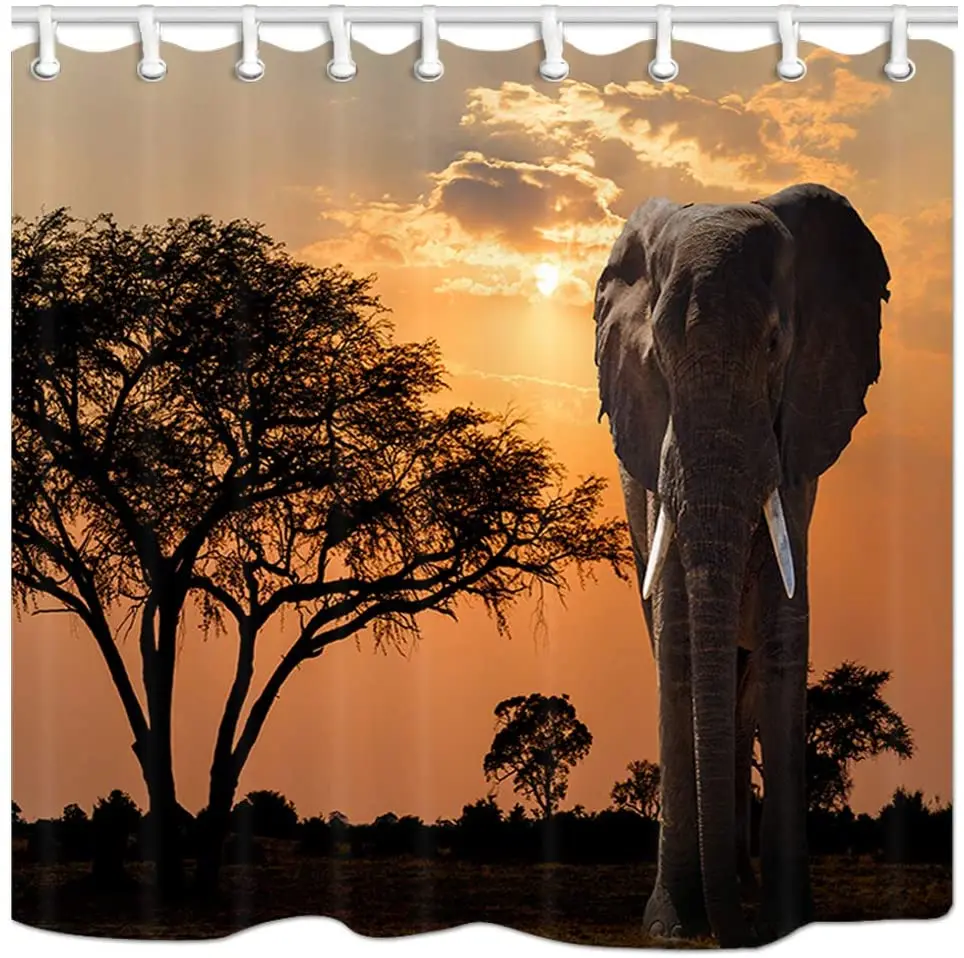 

Занавеска для душа со слоном, Закат над деревом акации, африканский слон, Африканский сафари, Полиэстеровая занавеска s, украшения для ванной комнаты