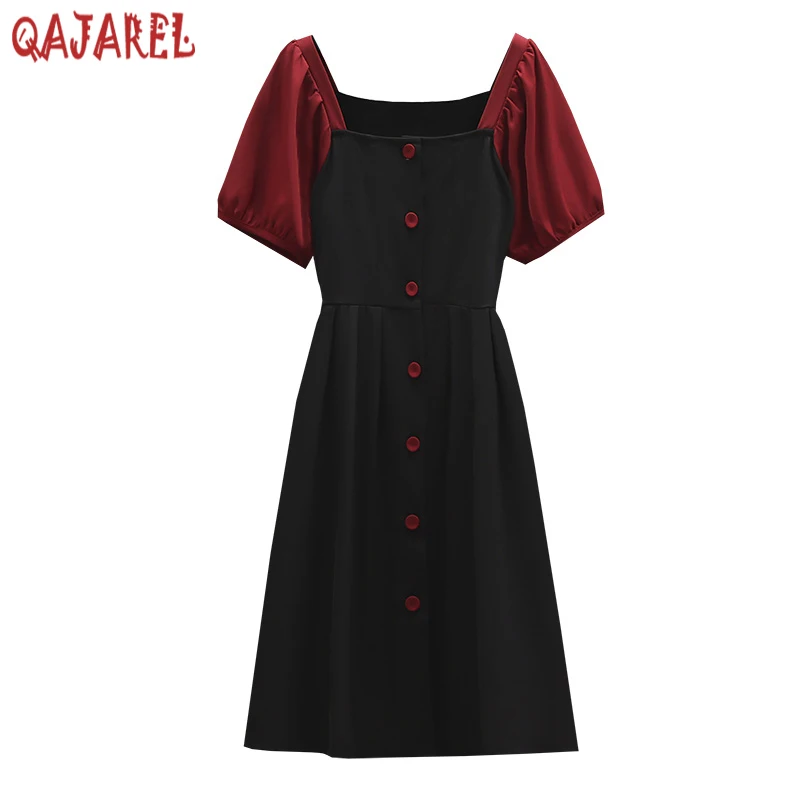 

Женское винтажное платье миди, черное платье составного кроя с квадратным вырезом и коротким рукавом, элегантное облегающее платье в Корейском стиле Хепберн, лето 2023