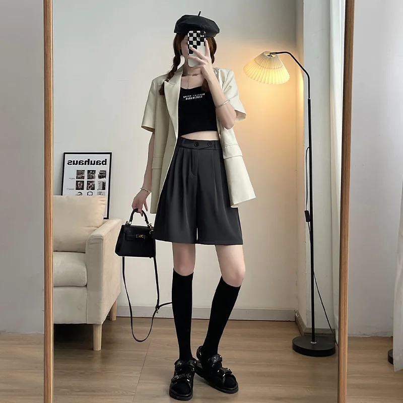 2023 Y2K Korean Fashion Pant High Street Drape Suit Shorts Women Office Lady Summer Casual Solid Color High Waist Zipper Shorts
