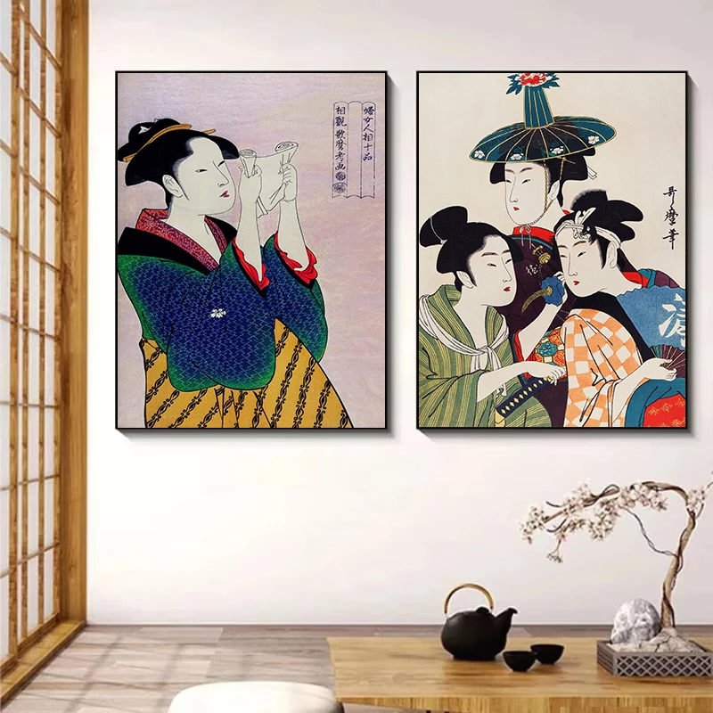 Винтажный японский традиционный рисунок укиё-э гейша самурайский постер холст