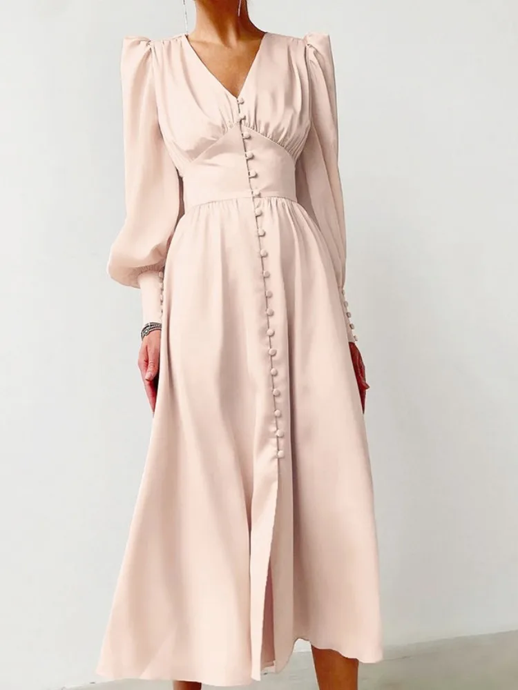 

V-neck Foreign Trade Satin Dress for Women Court Waist Retro Summer Clothes Solid Elegance Loose Comfort Vestidos Veraniegos