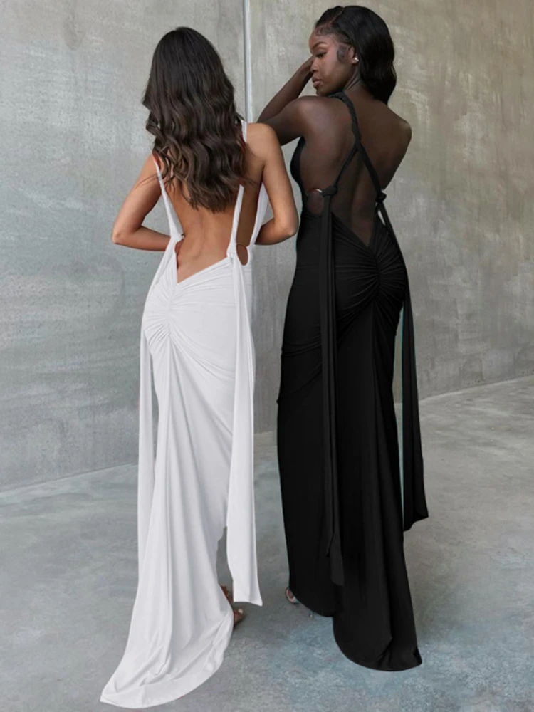 

Solid Backless Sexy Maxi Dress Deep V Pleated Bodycon Long Summer Dress Elegant Party Evening Dresses for Women 2023