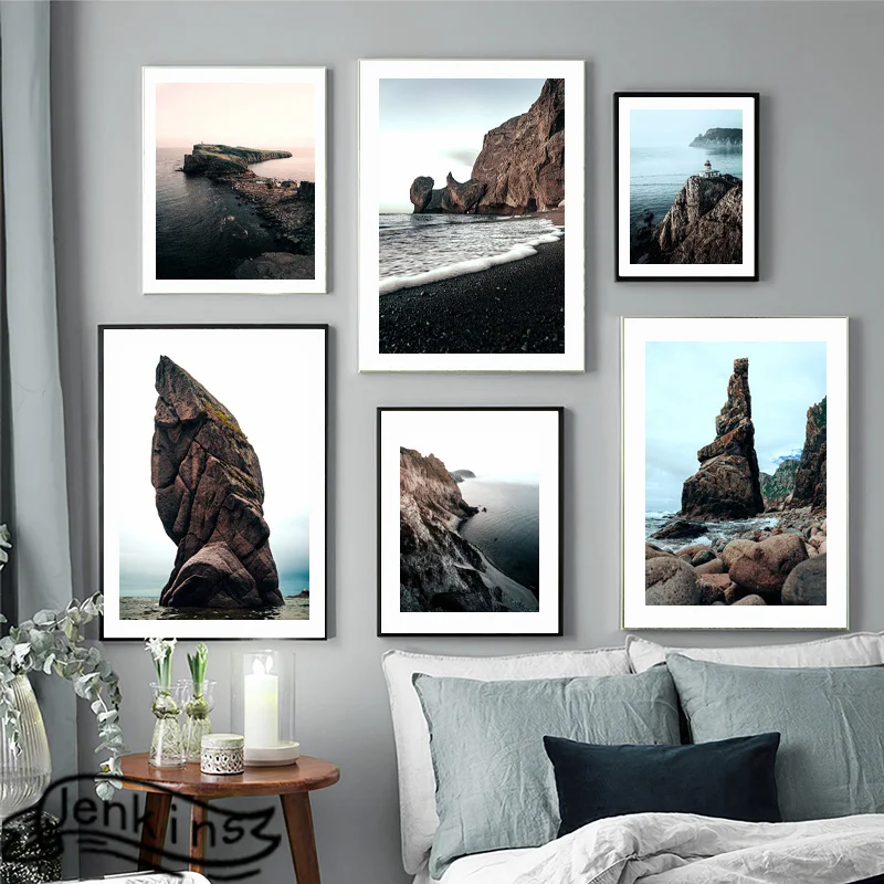 Nordic Canvas Painting Seaside Big Rocks Stones Waves Cliff Landscape Wall Art Modern Poster Pictures For Living Room Home Decor |