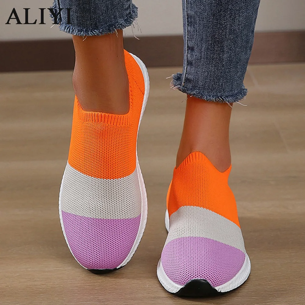

2022 Women's Breathable Sneakers Spring Knitted Fabric Ladies Mix Colors Slip On Comfy Loafers 35-45 Large-Sized Sport Flats