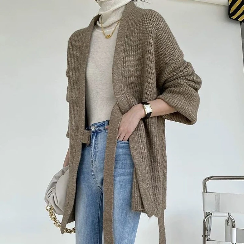 

Women Solid Simple Sweaters Elegant Cardigan Autumn Winter Sash Tie Up Knitted Sweater Loose Coat Ladies Casual Fashion Knitwear