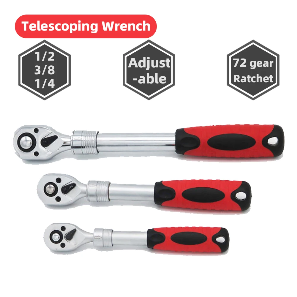 

Adjustable Ratchet Wrench Telescoping Spanner 1/2 3/8 1/4 Two-way 72 Teeth Professional Bicycle Automotive Repair Rarchet Key