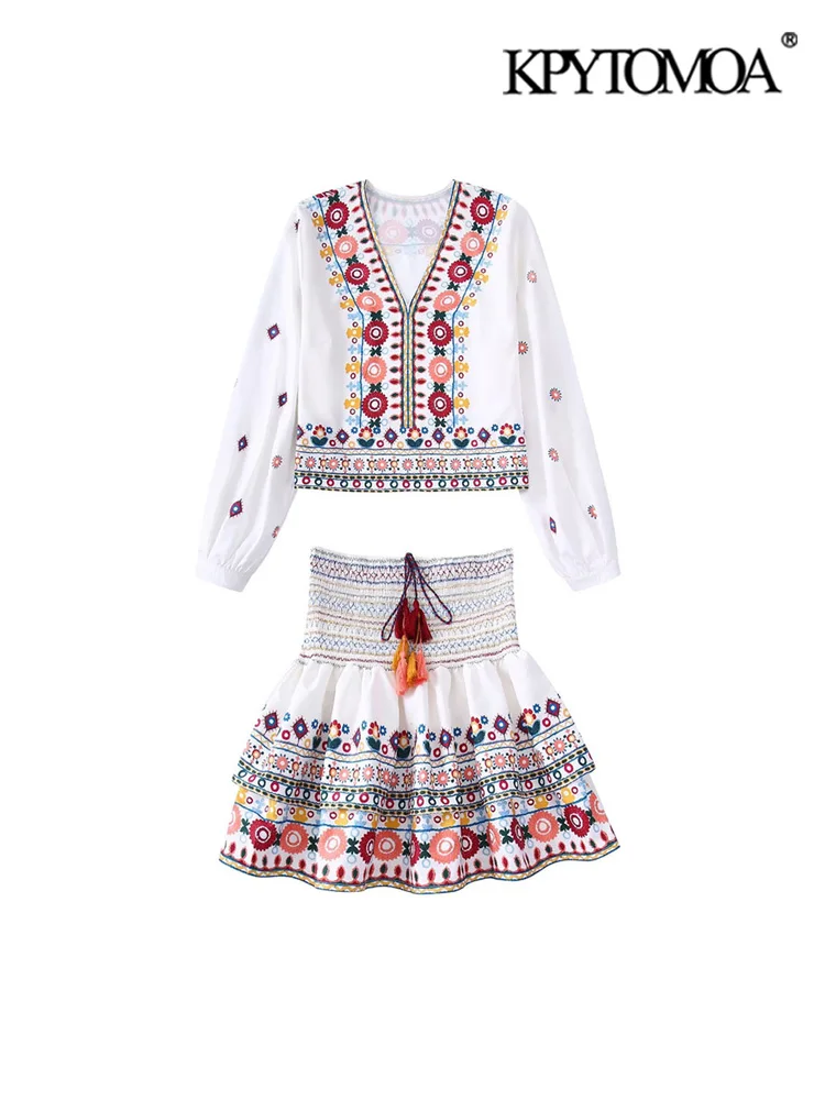 

KPYTOMOA Women Fashion Contrast Print Blouses And High Elastic Waist With Drawstring Skirts Female Two Piece Sets Mujer