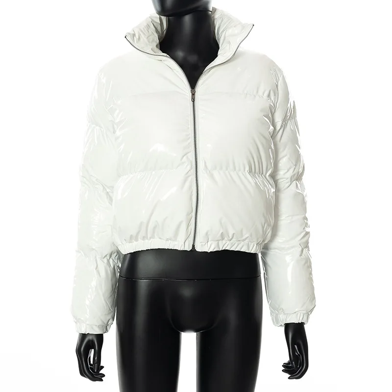 Fashionable Cute Women Bright PU Pink Down Jacket Winter Warm Bubble Jacket Shiny Leather Coat Down Zip Jacket Leather Coat