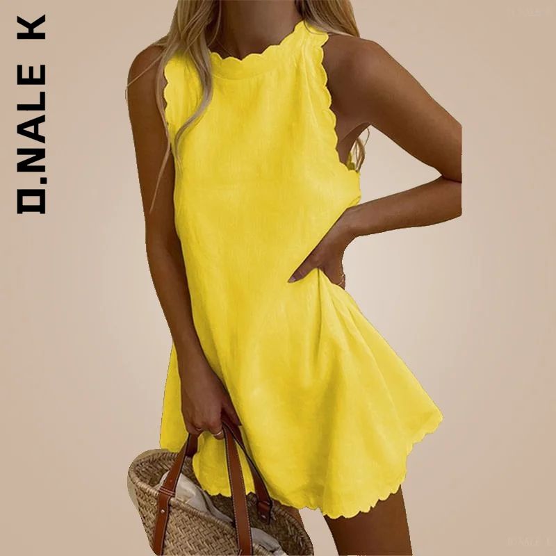 

D.Nale K Summer Fashion Sleeveless Solid Dress Women Casual Cotton Linen O-Neck Loose Mini Dress Beach Party Tank Dress