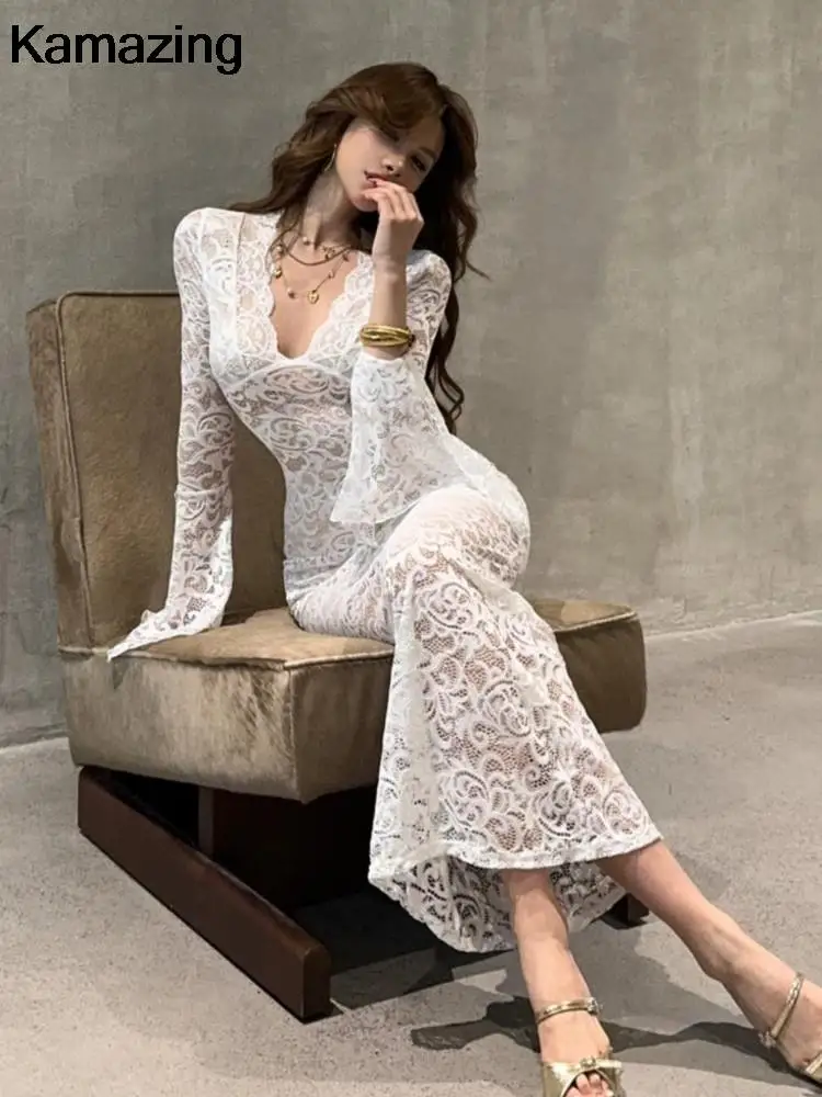 Соблазнительные облегающие кружевные Длинные платья для женщин с V-образным