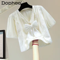 beads rhinestones bow puff sleeve chiffon shirt femme 2022 summer korean style high waist short embroidered blouses womens