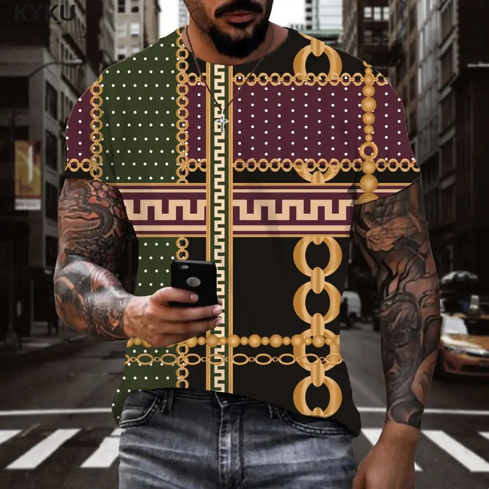 

Футболка мужская с 3D-принтом, трендовая тенниска в стиле барокко, зеленая рубашка в золотистые полосы, одежда с аниме принтом