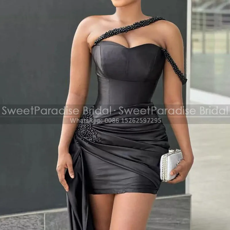 

Коктейльные платья на одно плечо с черными бусинами и лентами, женское Короткое мини-платье черного цвета для маскарада