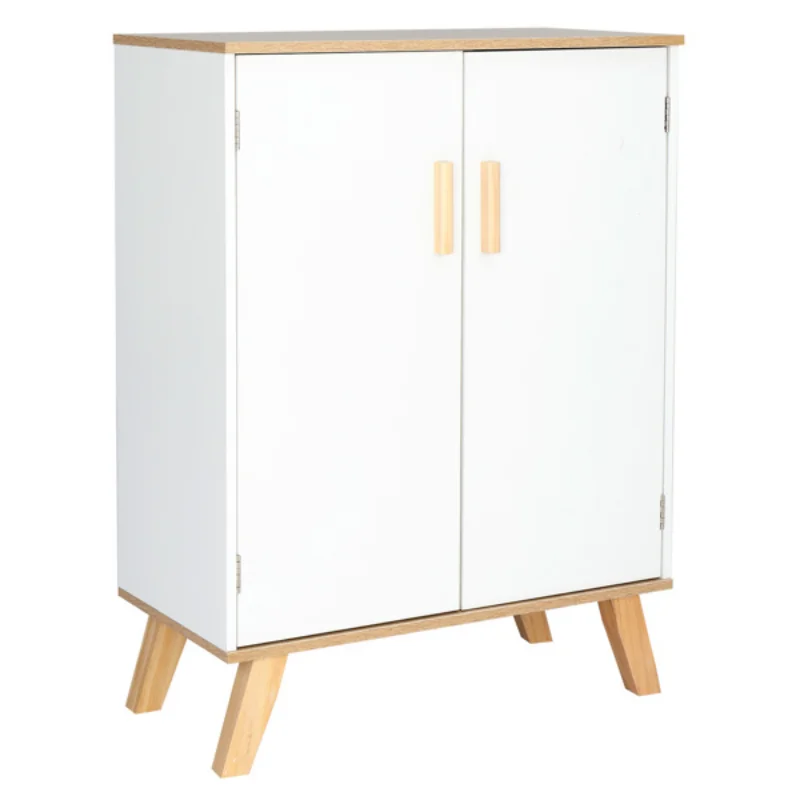 

Solid Wood Foot Double Door Bathroom Cabinet White & Wood Grain Color[US Stock]