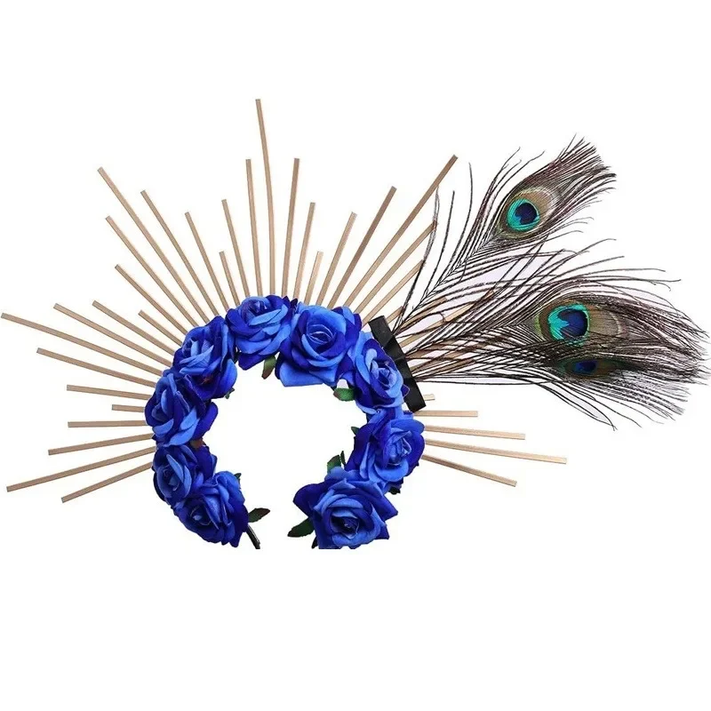 Новый золотой шип Halo Корона павлиньи перья головной убор Свадебная фототиара