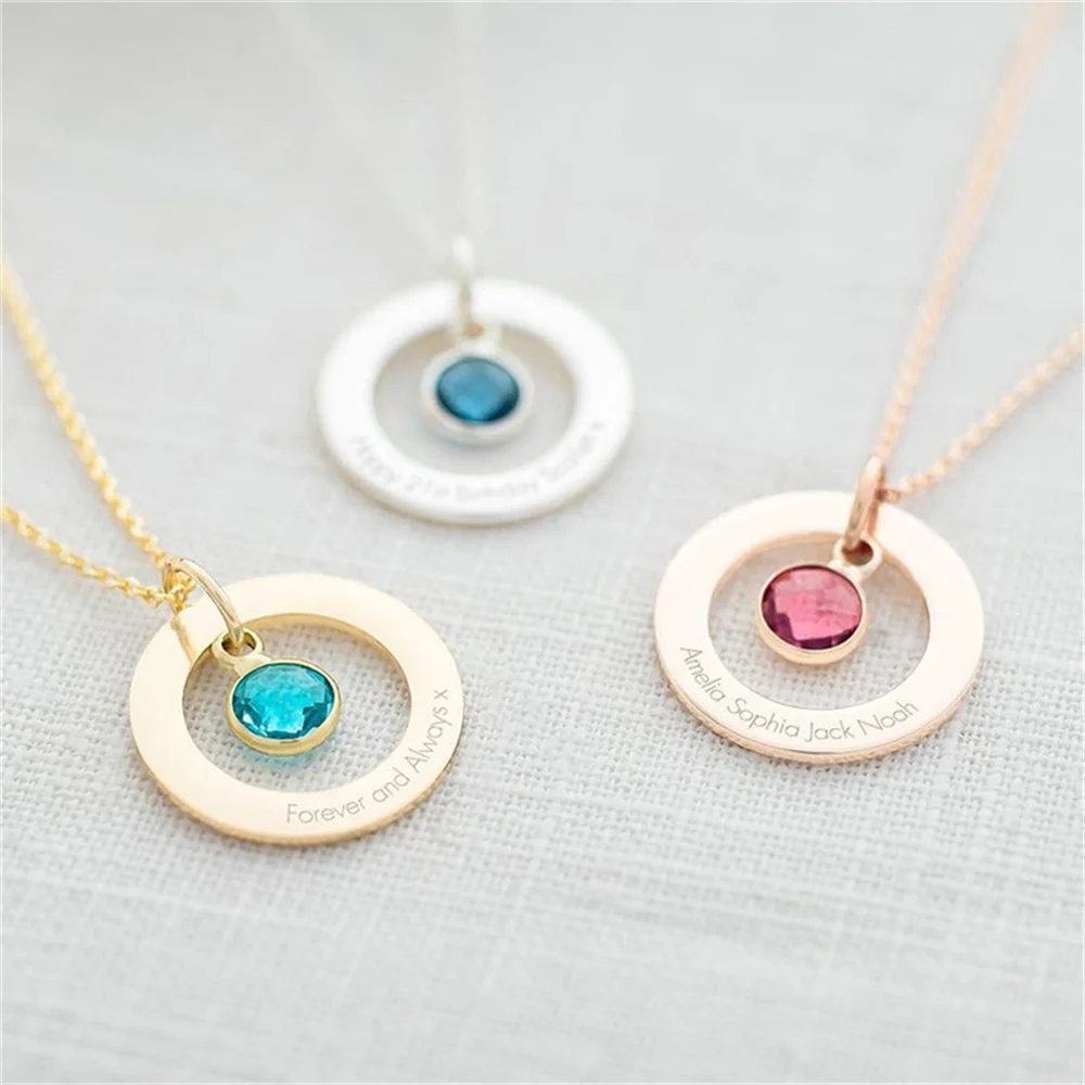 Fashion Women's Necklace Timeless Ring And Birthstone Personalized Name Necklace Stainless Steel Personalized Carved Gift