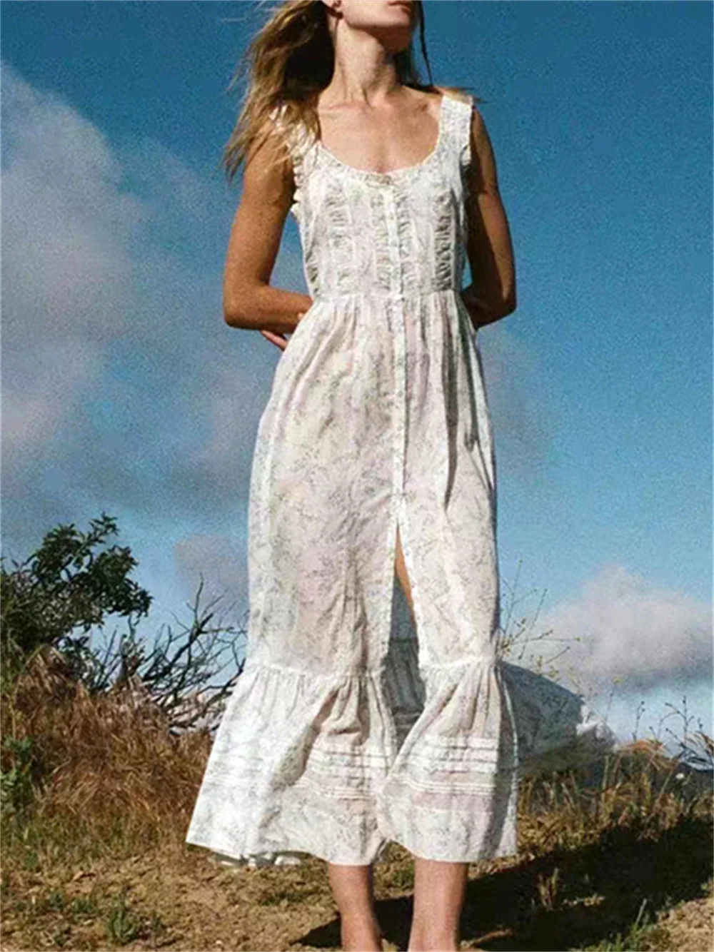 Women Ruffled Trim Floral Printed U-Neck Sling Dress 2023 Summer New Ladies Slim Single Breasted Sleeveless Elegant Robe