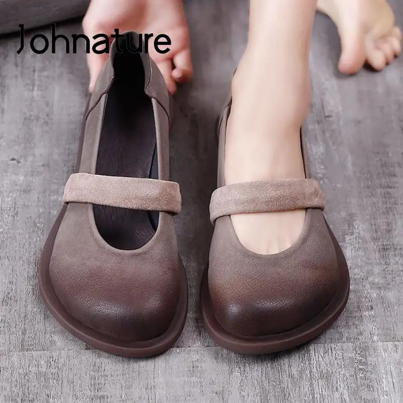 

Johnature Genuine Leather Flats Women Shoes Retro 2022 New Spring Round Toe Shallow Concise Handmade Retro Leisure Ladies Shoes