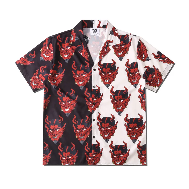 

2022 Summer New Men Casual Demon Print Shirt Lovers Fashion Short Sleeve Cool Thin Loose Hawaiian Beach Harajuku Lapel Shirts