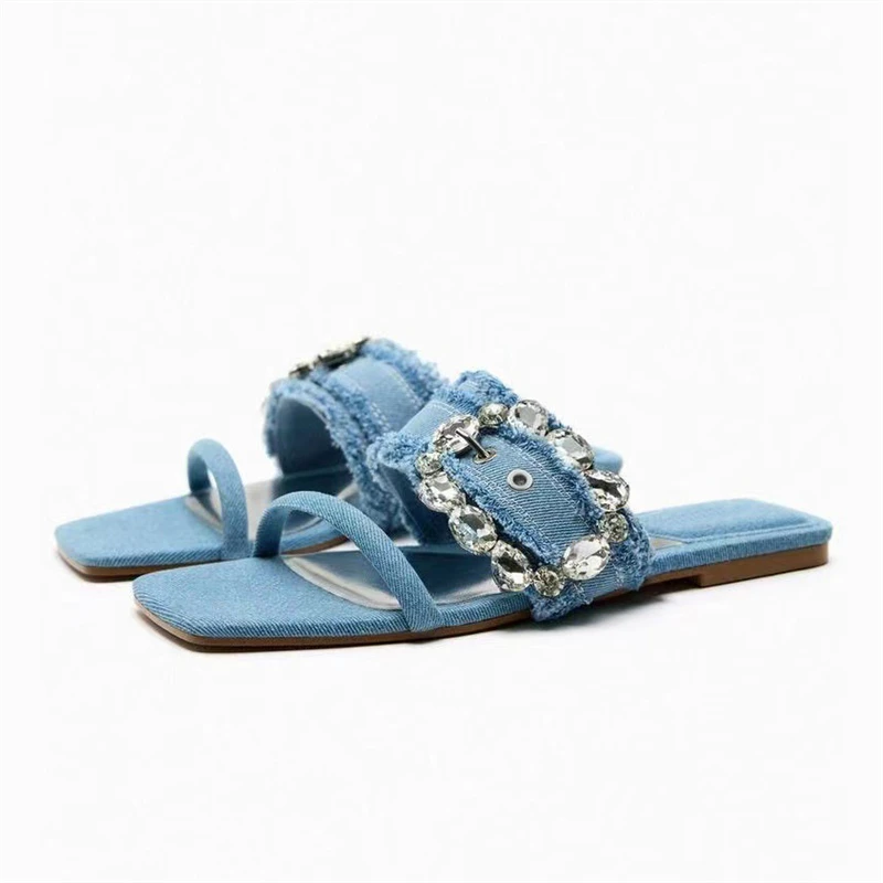 

Summer New Square Head Navy Blue Women Slippers Rhinestone Buckle Denim Flat Bottom Sandals Mules Sliders Shoes