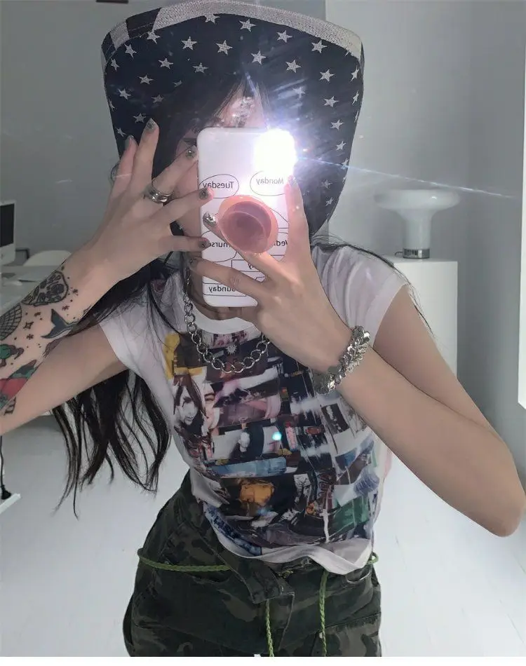 

Crop Top Grunge Print T-shirts Y2k Aesthetics Punk Style Tops Japanese Harajuku Sexy Slim Tee Shirts Women Vintage Streetwear