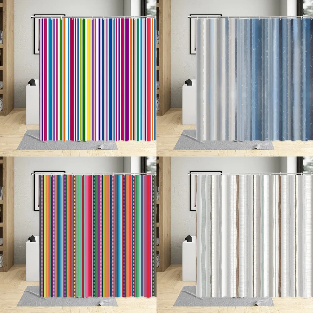 

Decorative Geometric Shower Curtain Colorful Stripe Printing Waterproof Bathroom Decor Polyester Fabric Curtains with Hooks