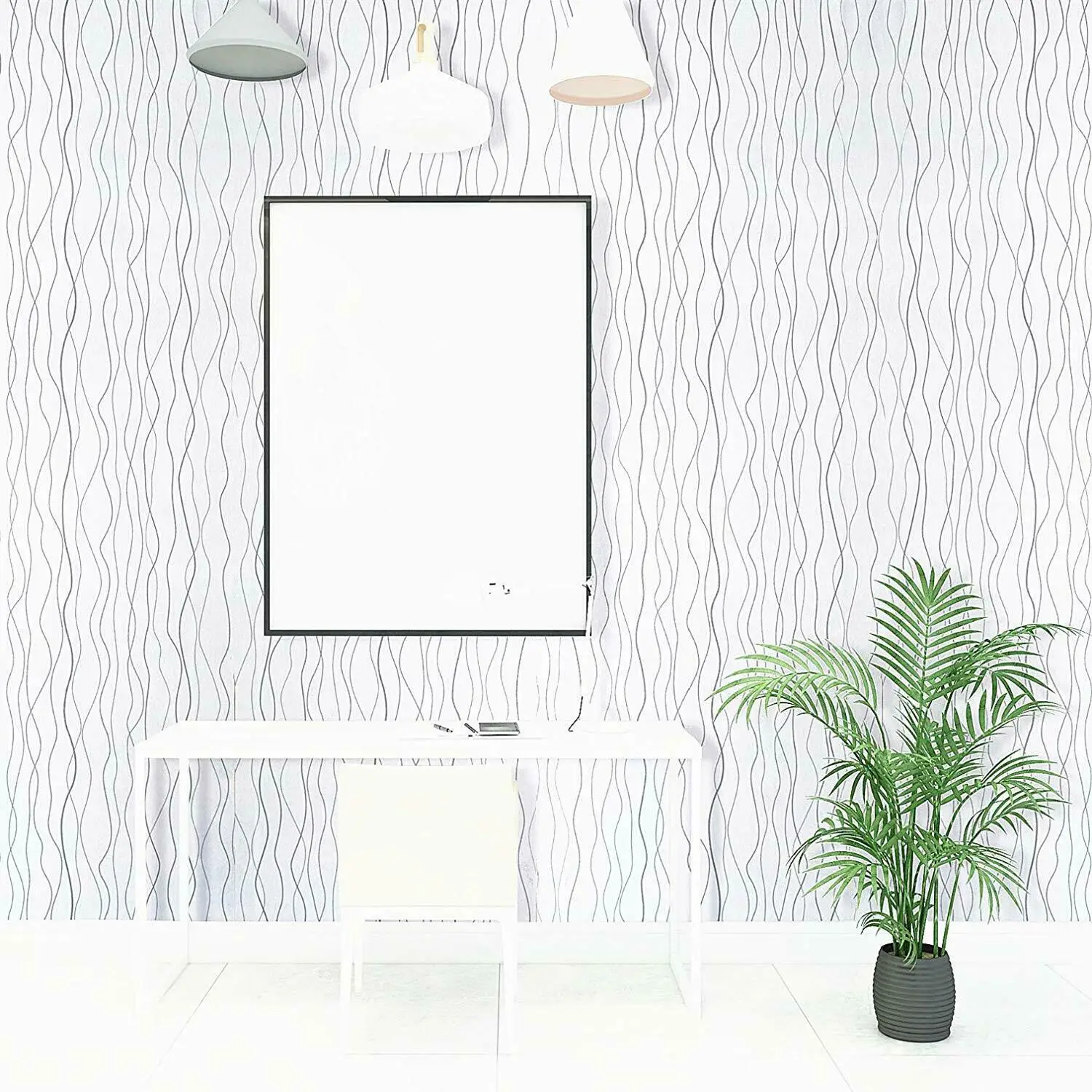 

White Wavy Peel and Stick Wallpaper Contact Paper Self Adhesive Silver Stripes Decorative Dorm Wall Papers Home Decor