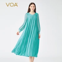 voa casual gothic folds stripe silk women dress autumn o neck simple beach glass shirt long sleeves loose pleated dresses ae1068