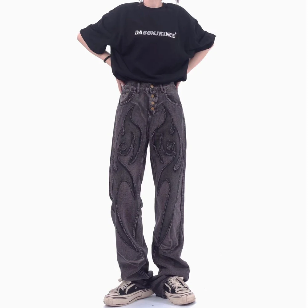 American Street Hip-Hop Jeans Niche Stitching Patch Made Old Jeans Mens Trend Raw Edge Design Casual Trousers Straight Leg Pants