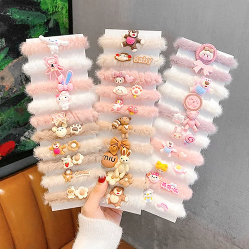

5PCS/Set Autumn Winter Plush Pink Flower Bear Rabbit Cat Elastic Hair Band For Girl Child Cartoon Animal Rubber Hair Tie Gift