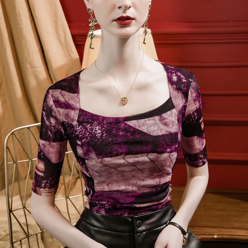 

High Quality 2023 Women T-shirt Gauze Print Design Style Female Autumn Sexy Crop Top Clothes Casual Blouses Grace Meeting Y2K