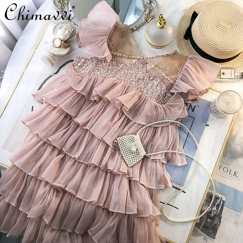 

French Design Beaded Dress for Women 2022 Summer Clothes New Fashion Ruffles Puffy Fairy Mesh Layers Feminine Cake Dress