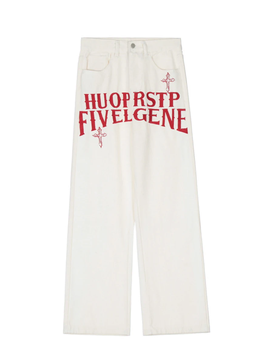 Four Seasons Men's Jeans Trend Letter Embroidery Straight High Street Loose Wide Leg Trousers Fashion Streetwear Ins Hot Sale