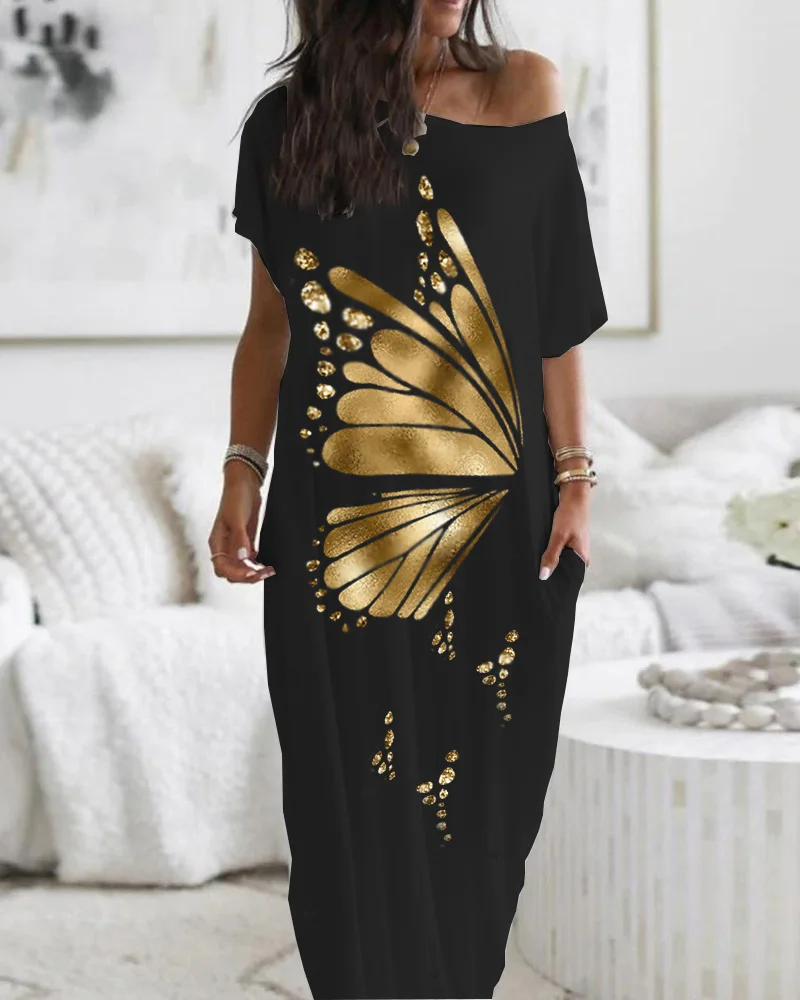 

Casual Short Sleeve Loose Dress 2022 Summer Ladies Maxi Dress Elegant Off Shoulder Long Dress Vestidos Mujer Streetwear