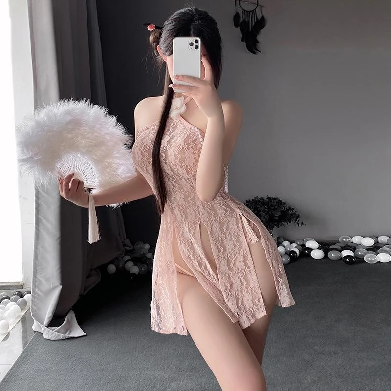 

Pink White Flower Vine Hanging Neck Lace Back Strap Slit Cheongsam Underwear Sexy Uniform Sexy Dress Women Lingerie Pornos Suit