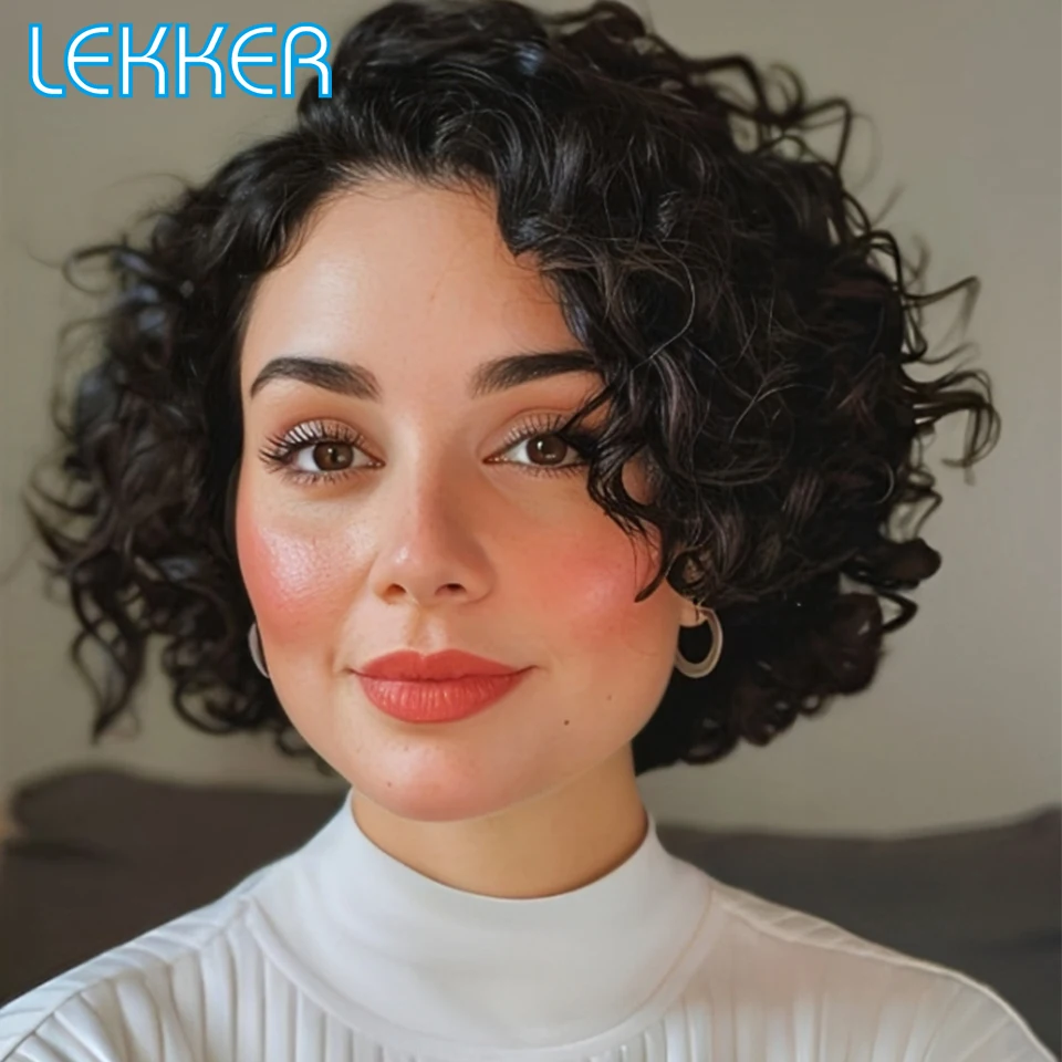 Фото Lekker Clearance Black Short Pixie Cut Wavy Bob 13x1 C Part Парики из натуральных волос на кружеве для женщин Бразильские волосы Remy Бесклеевые №1