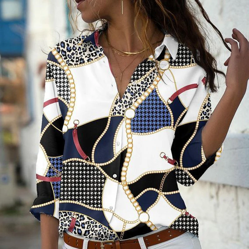 

Elegant Lapel Single Breasted Commuter Tops Lady Fashion Geometry Print Shirt Blouse Spring Casual Long Sleeve Blusas Streetwear