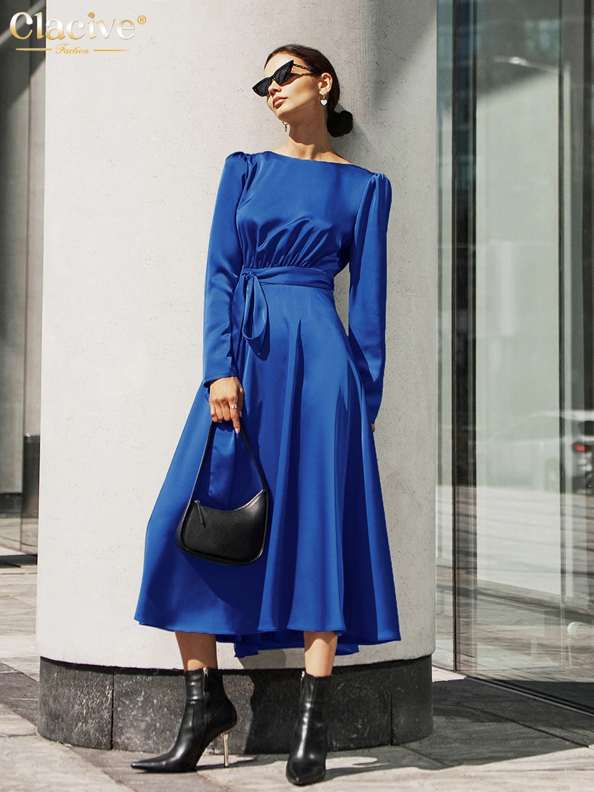 

Clacive Fashion Blue Satin Women'S Dresses 2023 Sexy O-Neck Long Sleeve Lace-Up Midi Dress Casual Loose Backless Female Dress
